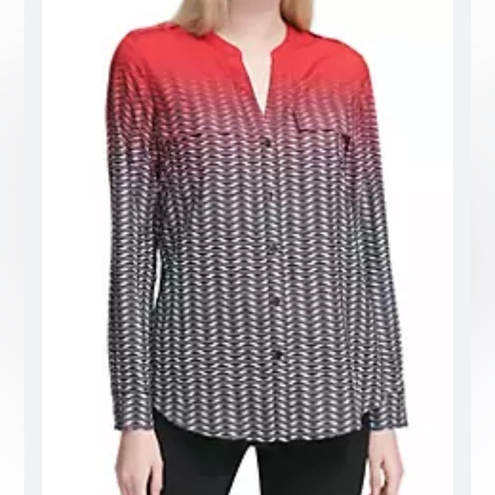 Calvin klein Button down Long Sleeve Shirt Top 2X Red Ombre Roll Tab Sleeves